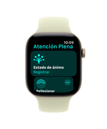 Apple Watch Series 12, caja de aluminio, color oro claro, app Atención Plena abierta, correa deportiva, color suculenta pálido (amarillo verdoso claro)