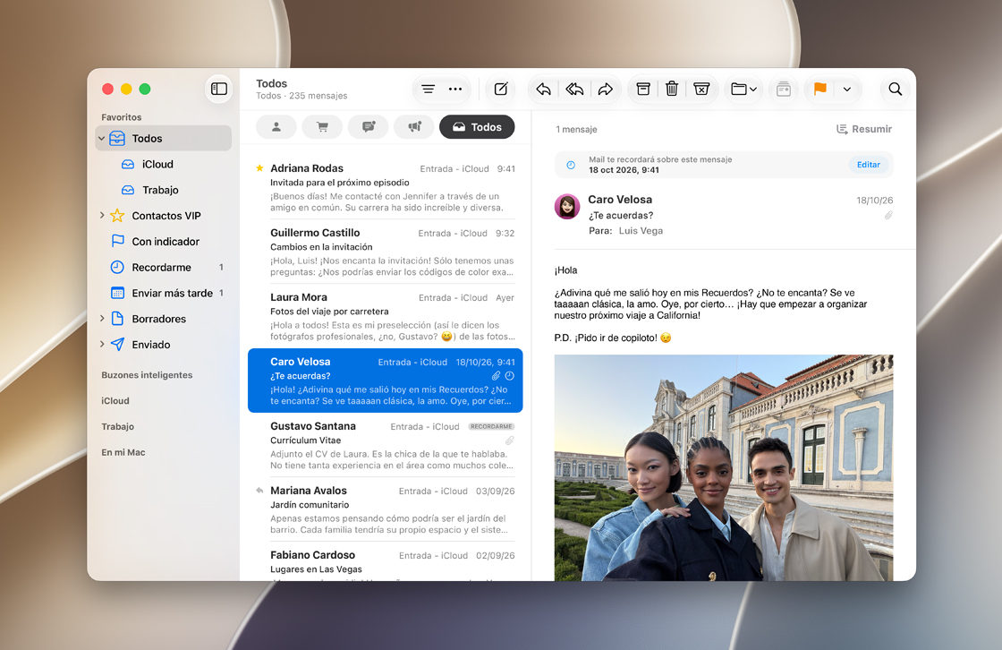 Imagen que muestra la integración de la bandeja de entrada de Mail de iCloud