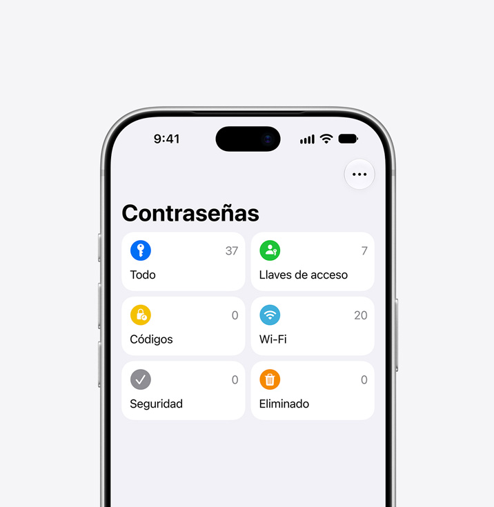 iPhone 18 Pro, parte frontal, app Contraseñas en la pantalla