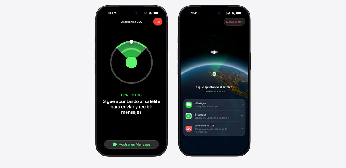 Tres modelos de iPhone uno al lado del otro, pantalla que muestra widgets de Mensajes y Encontrar disponibles vía satélite, pantalla de un iPhone que muestra Emergencia SOS en uso