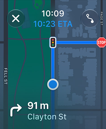 Maps app, navigation instructions appear at bottom of screen