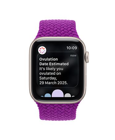 Apple Watch Series 12, aluminium case, space gray colour, ovulation date estimated notification, Braided Solo Loop band, magenta colour