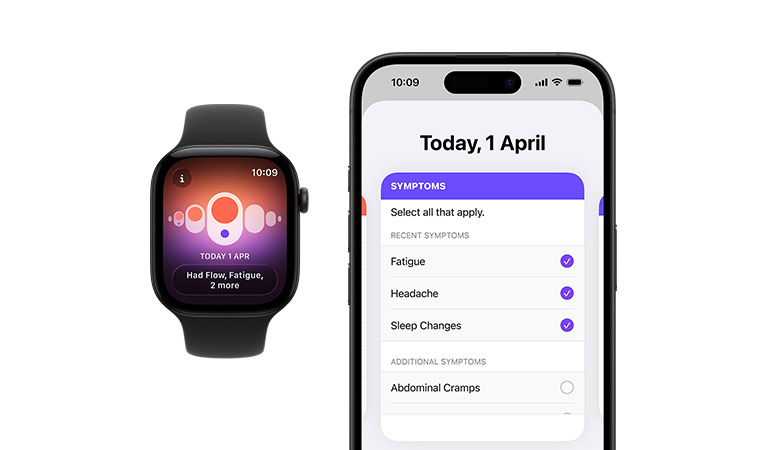Apple Watch Series 12, titanium case, natural colour, Sport Band, black colour, Cycle Tracking app, daily symptoms selector open on paired iPhone