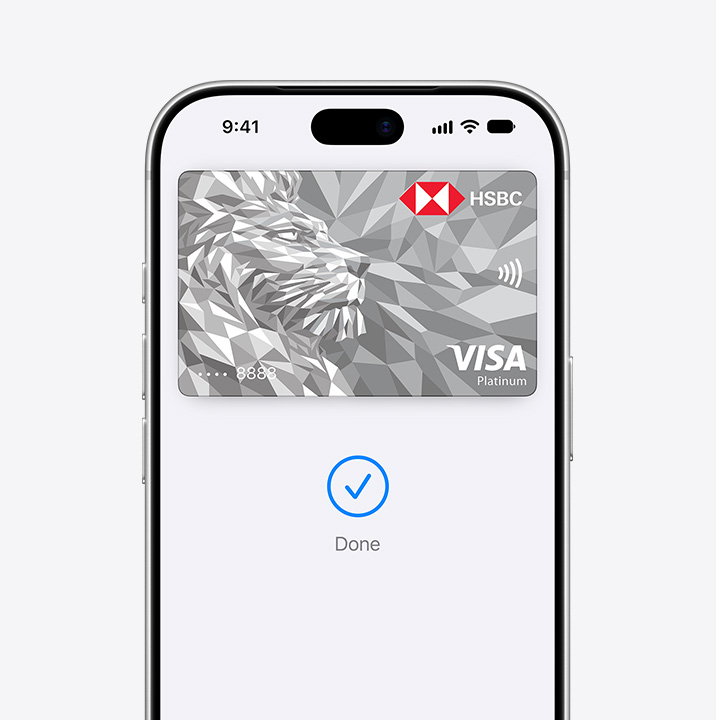 Partial iPhone screen display, showing a credit card being used in Apple Pay