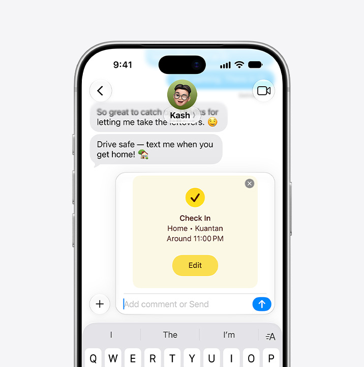 iPhone screen showing Messages thread with Check In feature in use