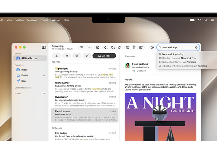 Mail app open on a MacBook screen, emails regarding a New York trip are listed, words New, York and trip highlighted in yellow where they appear in each email
