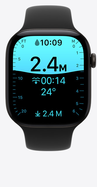 Apple Watch Series 12, aluminium case, black colour, Depth app screen, dive at 8 feet, Sport Band, black colour