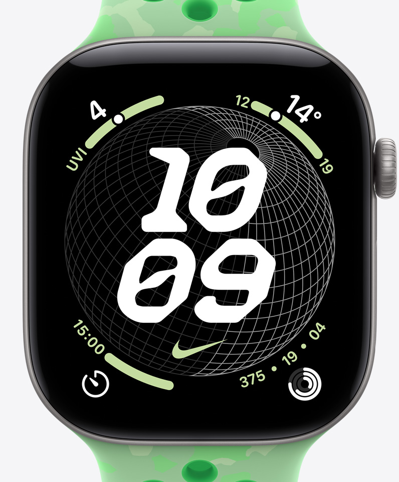 Nike Globe watch face, time, Nike Swoosh logo, complications: UV index, weather, timer, Activity Rings