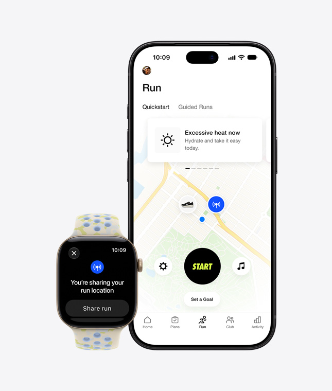 Apple Watch Series 12, location sharing screen, aluminium case, light gold colour, connected to Nike Sport Band, chalk calm colour (creamy white, subtle pattern of yellow shapes, pale blue on reverse, circular perforations), paired with iPhone 18 Pro, Nike Run Club app maps outdoor run