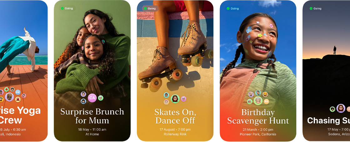 Row of Apple Invites featuring colourful customised photography for an event called Surprise Brunch for Mum