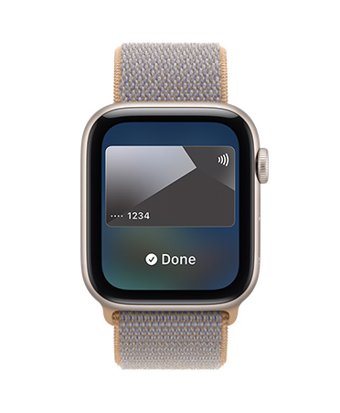 Apple Watch SE 3, aluminum case, midnight color, Apple Pay in Apple Wallet, right side exterior, Digital Crown, band, Sport Loop, anchor blue color