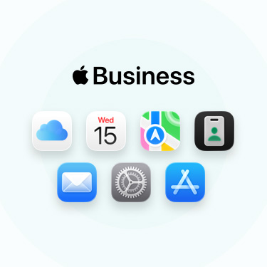 A lineup of business-related apps and tools including iCloud, Calendar, Maps, Apple Business, Mail, Apple Care, and App Store.