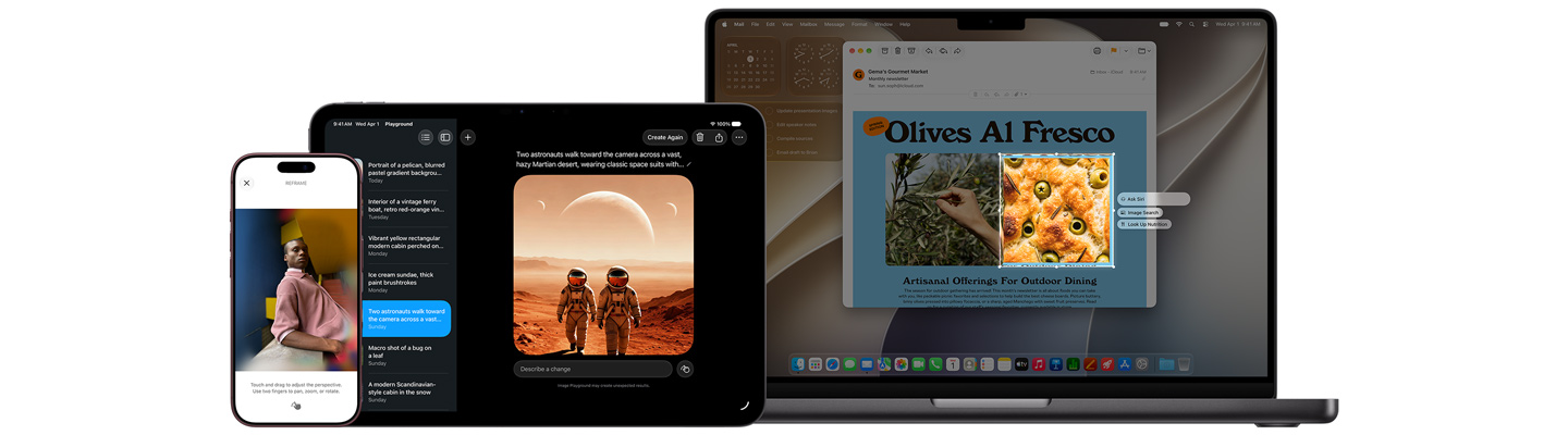 iPhone, iPad i MacBook, widok z przodu, wyświetlone funkcje Zmień kadr, Image Playground i Powiadom mnie