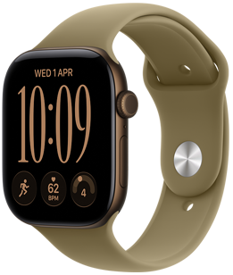 Apple Watch Series 12 z kopertą z aluminium w kolorze ciemnego brązu, tarcza cyfrowego zegara, komplikacje: dzień i data, Treningi, tętno, gotowość, pasek sportowy w kolorze oliwki