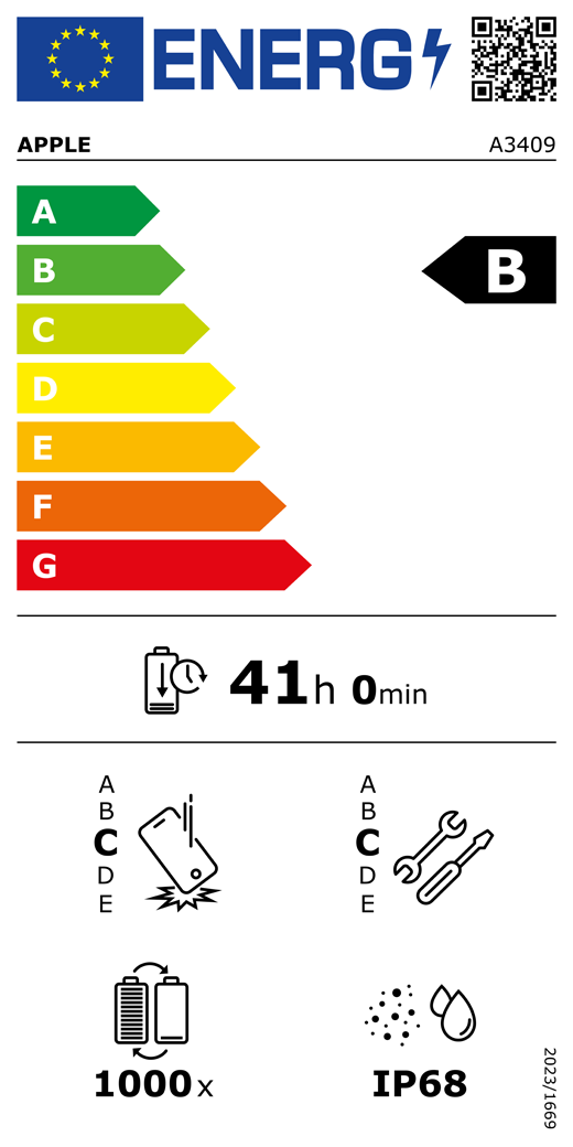 Etykieta energetyczna UE, kod QR i informacje, model Apple A3409, klasa B, klasy efektywności energetycznej (w skali od A do G), od A (najwyższa efektywność) do G (najniższa efektywność), trwałość baterii na cykl, 41 godzin i 0 minut na pełne naładowanie baterii, wytrzymałość na spadki swobodne wielokrotne klasy C, od A (największa solidność) do E (najmniejsza solidność), możliwość naprawy klasy C, od A (największa możliwość naprawy) do E (najmniejsza możliwość naprawy), trwałość baterii w cyklach 1000, ochrona przed wnikaniem pyłu i wody (IP) klasy IP68, rozporządzenie 2023/1669
