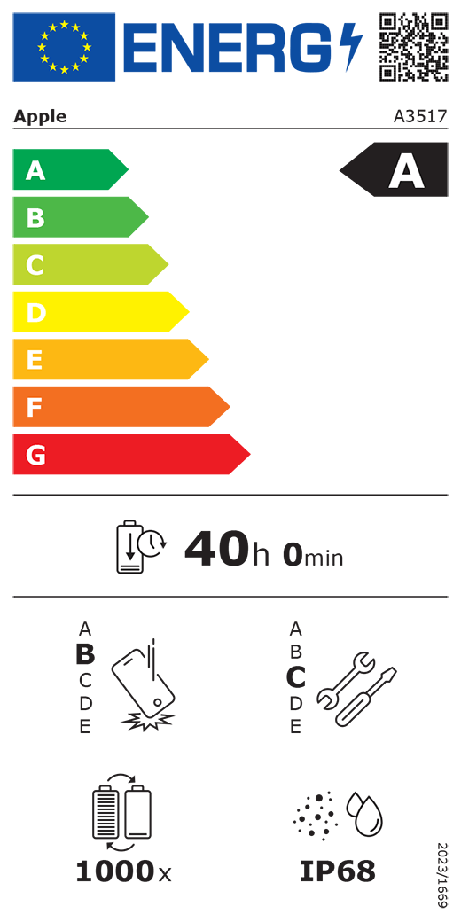 Etykieta energetyczna UE, kod QR i informacje, model Apple A3517, klasa A, klasy efektywności energetycznej (w skali od A do G), od A (najwyższa efektywność) do G (najniższa efektywność), trwałość baterii na cykl, 40 godzin i 0 minut na pełne naładowanie baterii, wytrzymałość na spadki swobodne wielokrotne klasy B, od A (największa solidność) do E (najmniejsza solidność), możliwość naprawy klasy C, od A (największa możliwość naprawy) do E (najmniejsza możliwość naprawy), trwałość baterii w cyklach 1000, ochrona przed wnikaniem pyłu i wody (IP) klasy IP68, rozporządzenie 2023/1669
