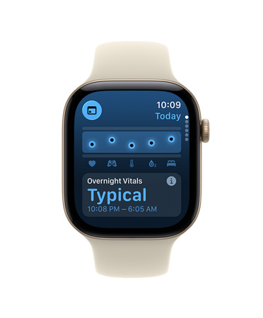 Apple Watch Series 12 z kopertą z aluminium w kolorze gwiezdnej szarości i paskiem sportowym w kolorze piasku (jasnobeżowym), na ekranie apka Parametry życiowe pokazująca wykres przedstawiający stan zdrowia i typowe nocne parametry życiowe