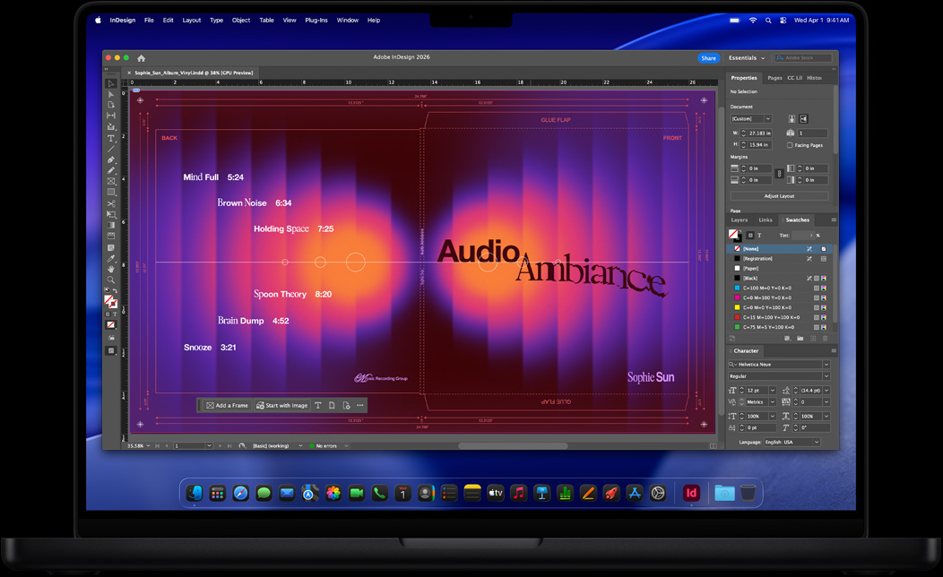 Ekran MacBooka Pro przedstawiający aplikację Adobe InDesign, w której tworzona jest okładka płyty winylowej