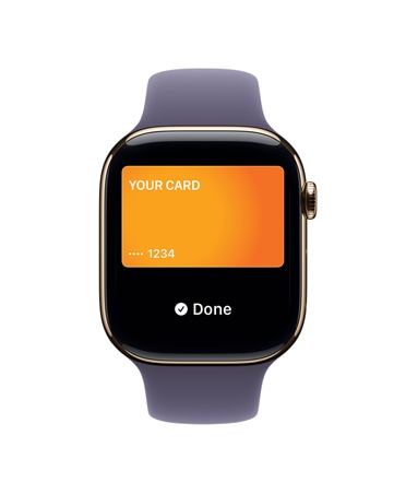 Apple Watch Series 11, culoare Auriu, carcasă din titan, Apple Pay, partea dreaptă exterioară, Digital Crown, curea Sport Ceață mov
