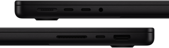 Prezentare porturi MacBook Pro — partea stângă: MagSafe 3, două porturi Thunderbolt și mufă pentru căști — partea dreaptă: slot pentru card SDXC, un port Thunderbolt și HDMI
