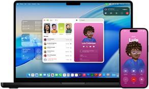 MacBook Pro și iPhone 16 Plus, aplicația Telefon deschisă, același contact afișat pe ambele ecrane
