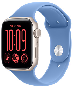 Apple Watch SE 3, aluminum case, starlight color, right side exterior, Digital Crown, microphone, side button, Sport Band, sand color (pale tan), pin-and-tuck closure, metallic silver color