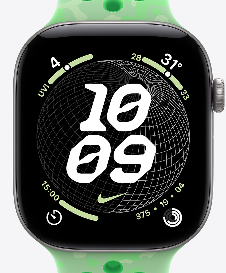 Nike Globe watch face, time, Nike Swoosh logo, complications: UV index, weather, timer, Activity Rings