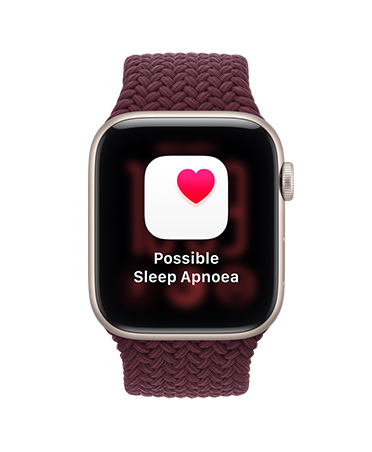 Apple Watch SE 3, aluminium case, starlight colour, screen shows health tracking (possible sleep apnoea notification), right side exterior, Digital Crown dial, Braided Sport Loop strap, burgundy colour