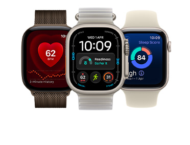 Three Apple Watch devices: Apple Watch Series 11, rose gold color, aluminum case, Apple Music, playlist controls, right side exterior, Digital Crown, light blush color Sport Band, silver pin-and-tuck closure, Apple Watch Ultra 3, natural color, titanium case, edge-to-edge display, photo overlaid on time, right side exterior, Digital Crown, anchor blue color Ocean Band, tubular fluoroelastomer rubber, Apple Watch SE 3, aluminum case, midnight color, right side exterior, Digital Crown, advanced Outdoor Run workout metrics