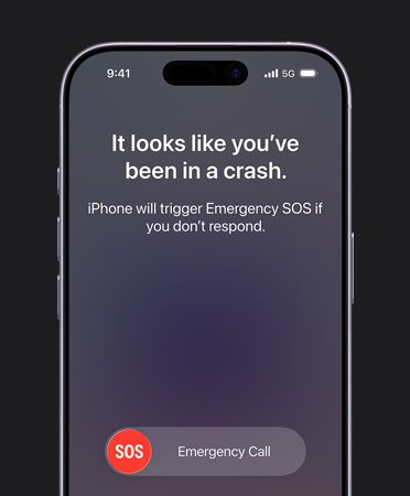 iPhone 17, front exterior, rounded corners, crash detection feature in use