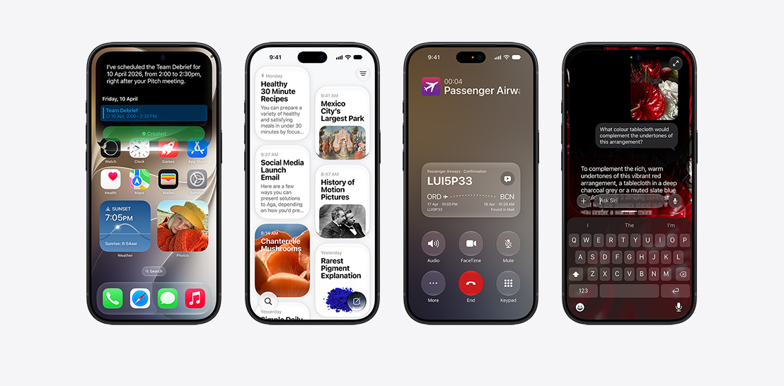 An array of iPhone 17 and 17 Pro devices each with a different screen showcasing iOS 26 and Apple Intelligence features