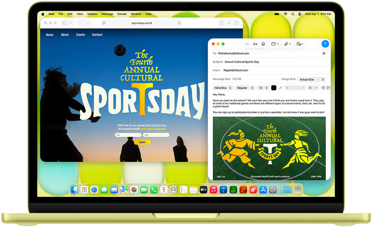 MacBook Neo, citrusová farba, používateľ píše e-mailovú pozvánku na umeleckú výstavu, vedľa má otvorený web podujatia