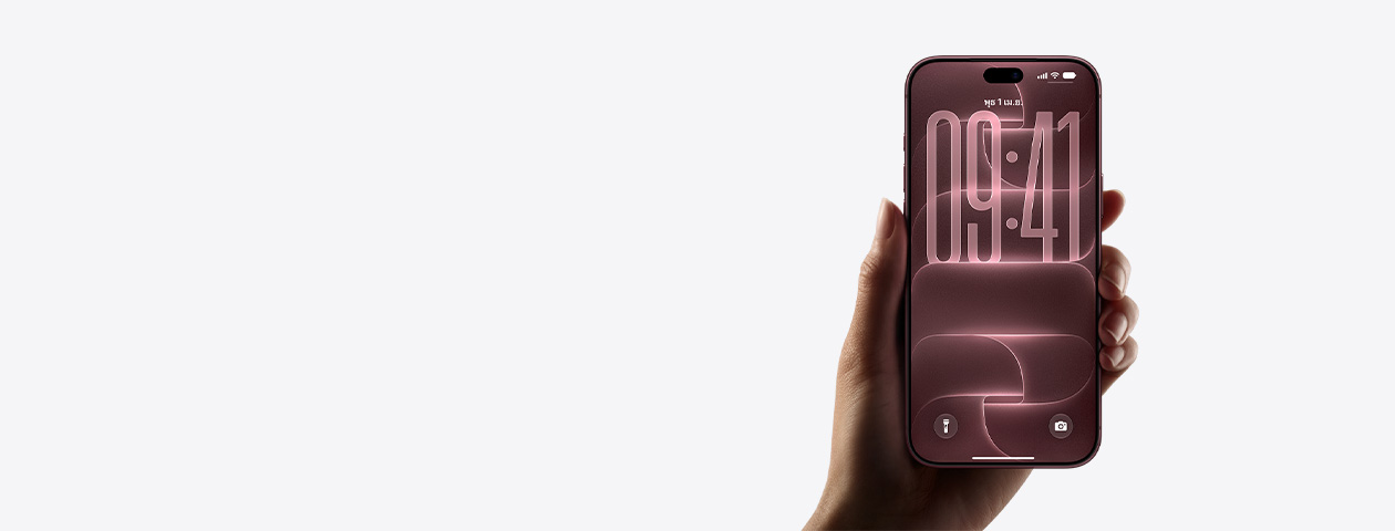 iPhone 18 Pro, held in hand, burgundy color (dark red), front exterior, default lock screen