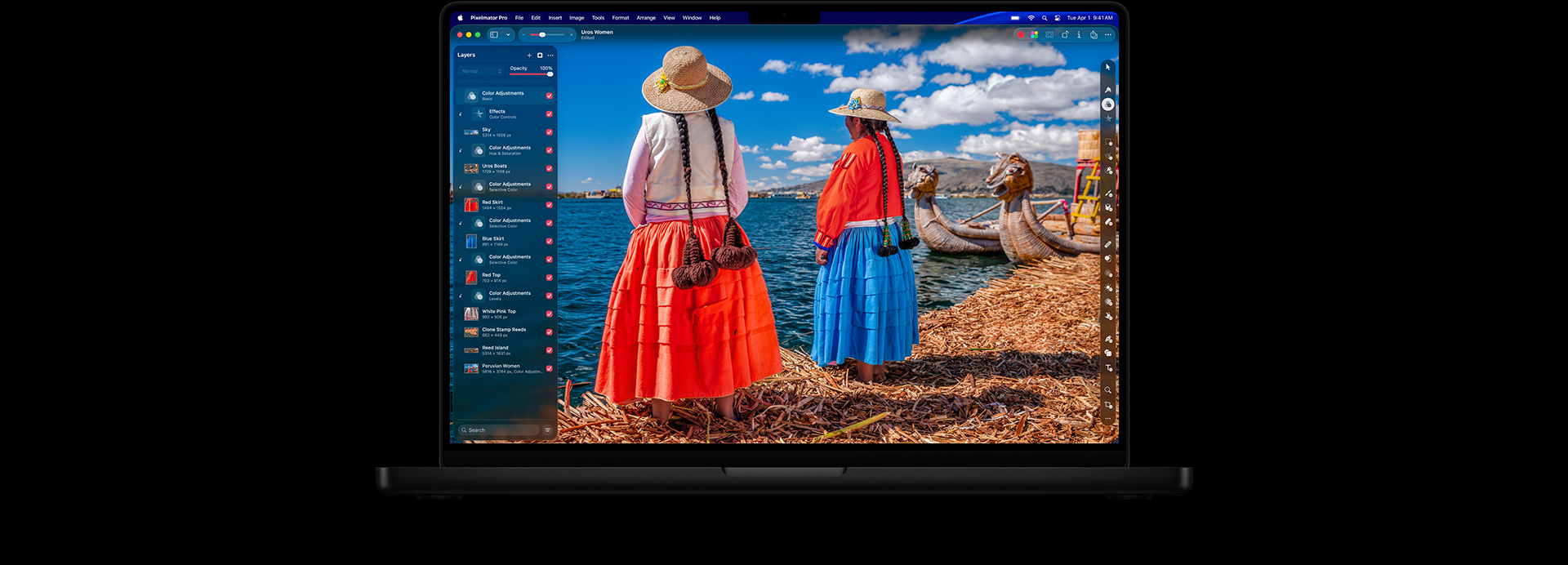 หน้าจอ MacBook Pro รุ่น 16 นิ้ว, ภาพถ่ายของผู้หญิงสองคนในชุดสีสันสดใส, เครื่องมือปรับแต่งสี