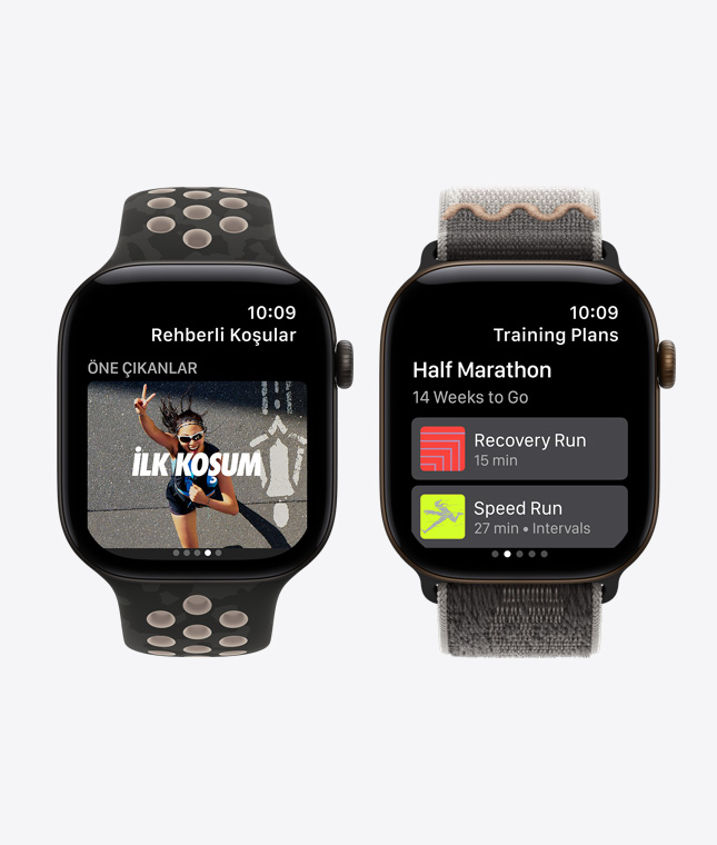Apple Watch Series 12 aygıtları, alüminyum kasalar, siyah renk, ekranlar: Nike Run Club uygulaması, Rehberli Koşular, Antrenman Planları özellikleri, kordonlar: Nike Spor Kordon, after dark black rengi, Nike Spor Loop, after dark black rengi
