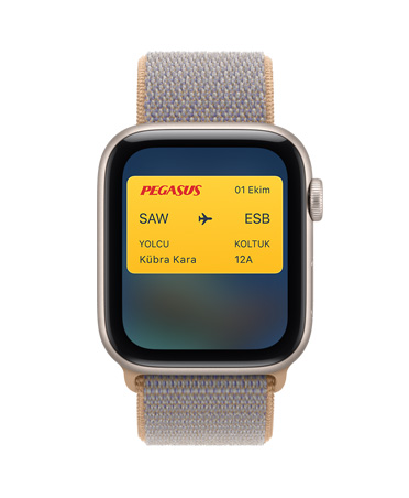 Apple Watch SE 3, alüminyum kasa, gece yarısı renk, Apple Wallet’ta ödeme kartı, sağ dış görünüm, Digital Crown, kayış, Sport Loop, demir mavisi renk