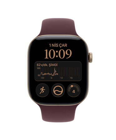 Apple Watch Series 12, alüminyum kasa, uçuk altın rengi, kalp atış hızı uygulaması, ortalama KHD 72 ms, Spor Kordon, burgonya renk
