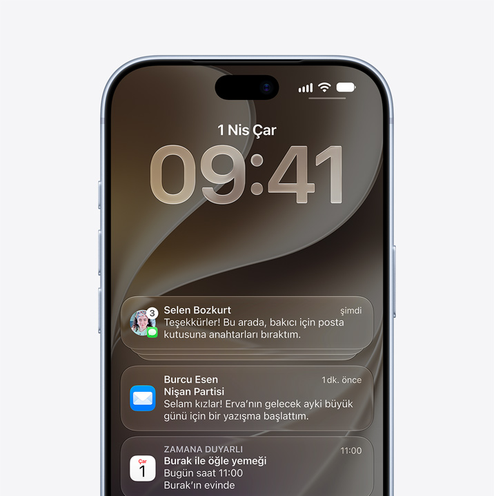 iPhone 18 Pro, önden dış görünüm, kilitli ekranda Mesajlar, Mail ve Takvim uygulaması bildirimleri görünüyor