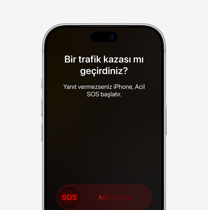 Yan yana ekranlar, Messages via satellite, Find My via satellite, Roadside Assistance via satellite araç takımlarını gösteren iPhone ekranı, Emergency SOS via satellite özelliğinin kullanıldığını gösteren iPhone ekranı, Roadside Assistance özelliğinin kullanıldığını gösteren iPhone ekranı