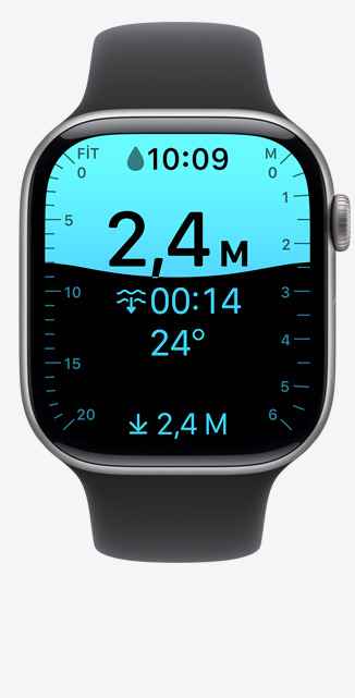 Apple Watch Series 12, alüminyum kasa, siyah renk, Derinlik uygulaması ekranı, 2,5 metre dalış, Spor Kordon, siyah renk