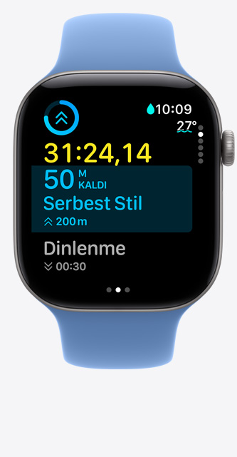 Apple Watch Series 12, alüminyum kasa, uzay grisi renk, Havuzda Yüzme verilerini takip eden Antrenman ekranı, ekranda görülen ölçümler, Spor Kordon, kır çiçeği mavisi renk