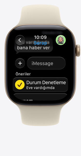 Apple Watch Series 12, alüminyum kasa, uçuk altın rengi, iMessage’da Durum Denetleme önerisi, Spor Kordon, kum beji renk (açık uçuk kahve)