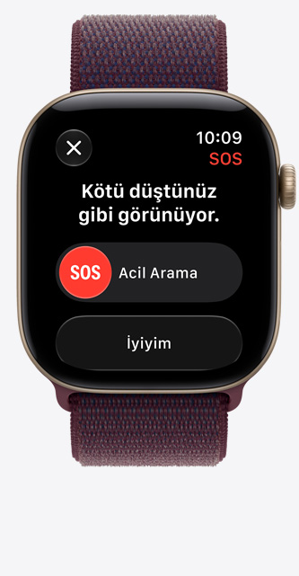 Apple Watch Series 12, kötü bir şekilde düşme bildiriminin gösterildiği ekran, acil arama seçeneği, alüminyum kasa, uçuk altın rengi, Spor Loop kordon takılı, burgonya renk