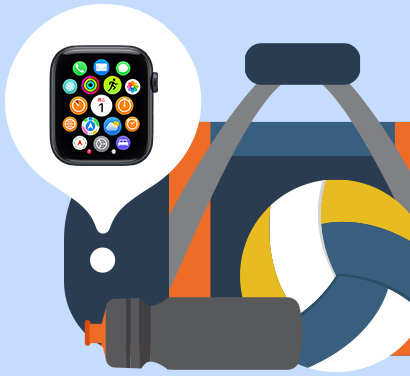 插圖畫著使用尋找 app 在運動袋中找到遺失的 Apple Watch