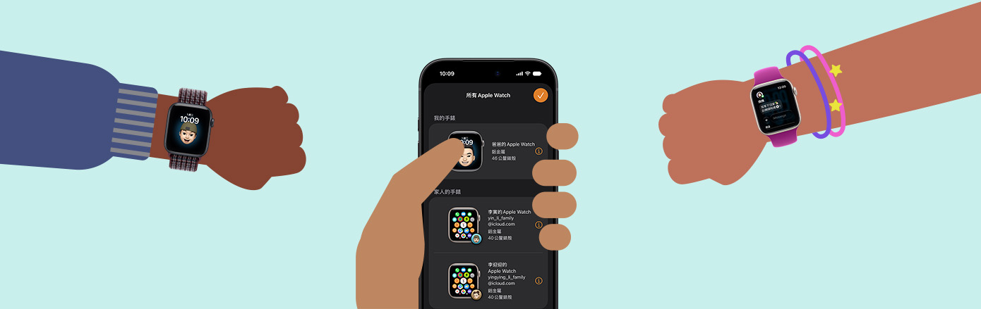 插圖畫著兩個兒童的手戴著 Apple Watch SE 3，還有一個成人的手拿著 iPhone 裝置
