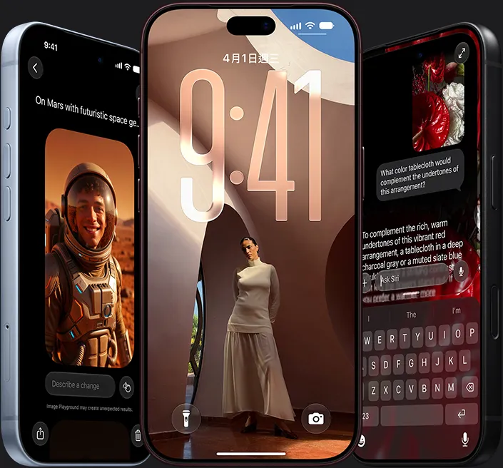 Siri AI。左斜側是冰川藍色 iPhone 18 Pro，展示 Siri 影像生成功能；中間是勃根地紅色 iPhone 18 Pro，展示鎖定畫面；右斜側是黑色 iPhone 18 Pro，展示透過問問 Siri 功能，詢問適合搭配的桌布顏色