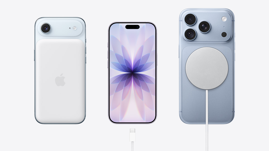 並排展示的 iPhone 機型，包括 iPhone Air，展示機身背面與 MagSafe 電池；iPhone 17，展示機身正面與螢幕顯示通用的背景圖片；以及 iPhone 18 Pro，展示機身背面，貼合 MagSafe 充電器