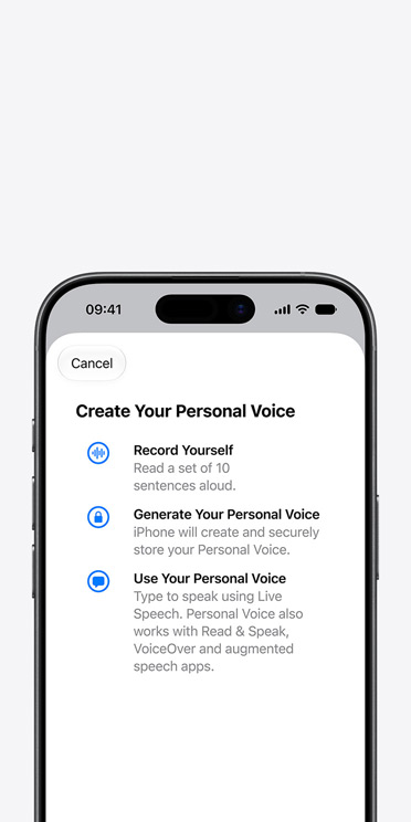 iPhone 17 screen showing Personal Voice feature with instructions on how to create your Personal Voice