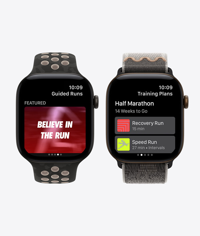 Apple Watch Series 12 devices, aluminium cases, black colour, screens: Nike Run Club app, Guided Runs, Training Plans features, straps: Nike Sport Band, after dark black colour, Nike Sport Loop, after dark black colour