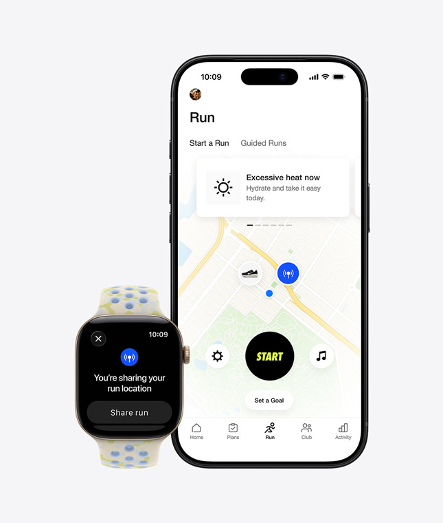 Apple Watch Series 12, aluminium case, light gold colour, Nike Sport Loop strap, pavement grey colour (dark grey with medium grey woven pattern and red detail) location sharing screen, iPhone 18 Pro, Nike Run Club app maps outdoor run
